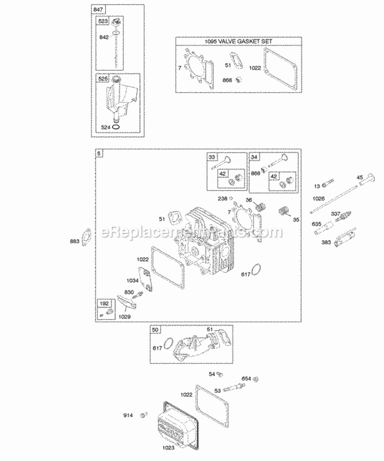 Cylinder Head Gasket Set-Valve Lubrication Valves Diagram and Parts List for 283H07-0105-E1  Briggs and Stratton Engine